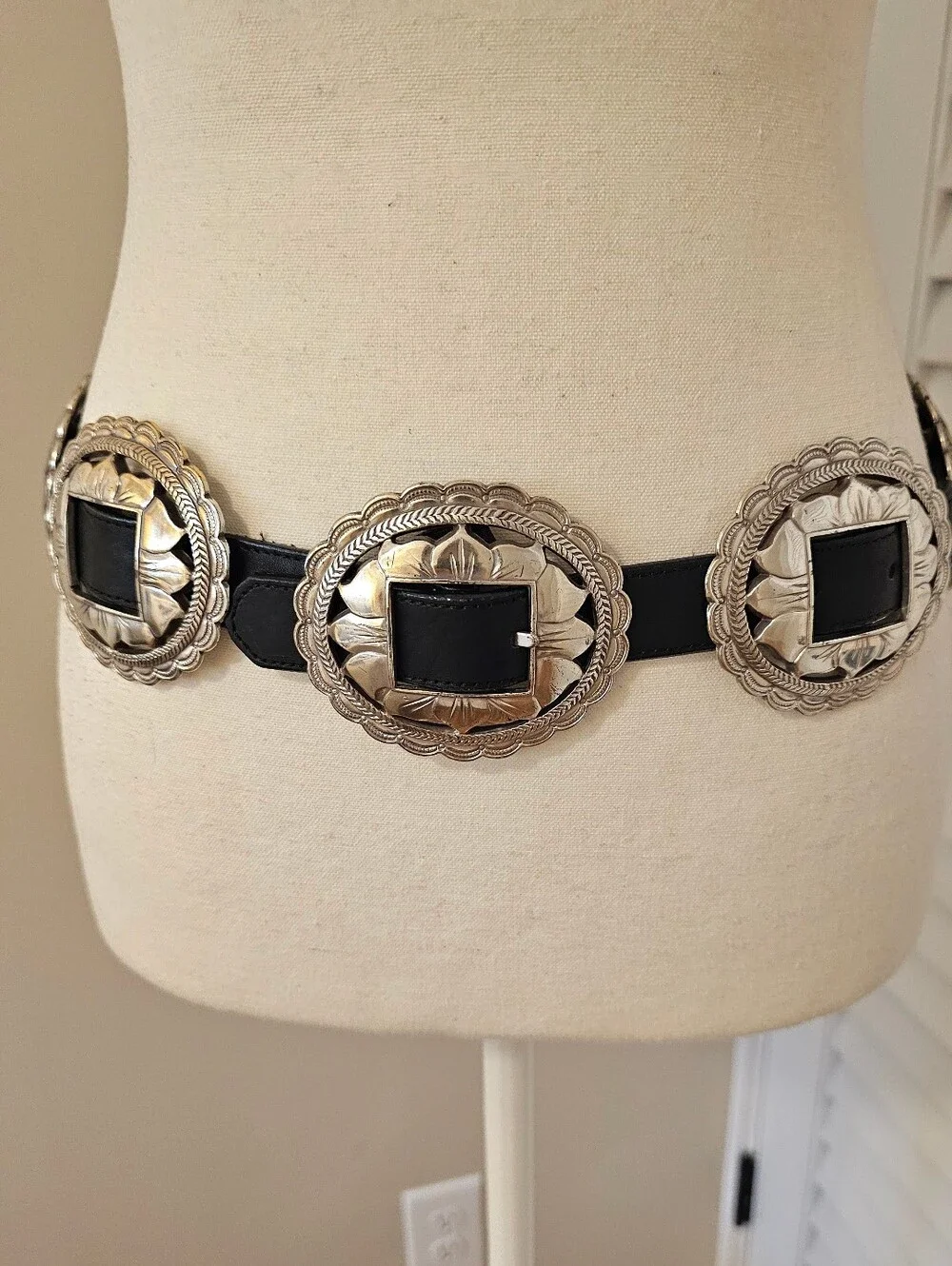 Vintage 1993 Brighton Sunflower Concho Belt Black Leather Western Boho | Size Me